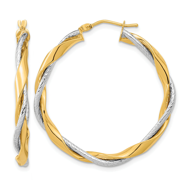 14K Yellow and White Gold large round rope twisted hoop earrings in yellow and white gold