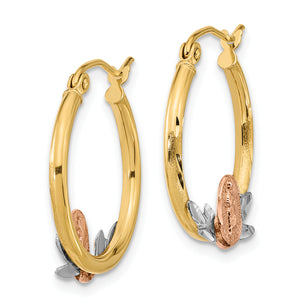 14K Tri-Color Gold Our Lady of Guadalupe Hoop Earrings, angled view of the pair