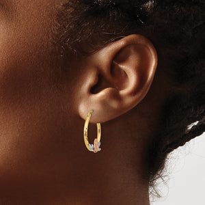 14K Tri-Color Gold Our Lady of Guadalupe Hoop Earrings, 22mm, worn on the ear