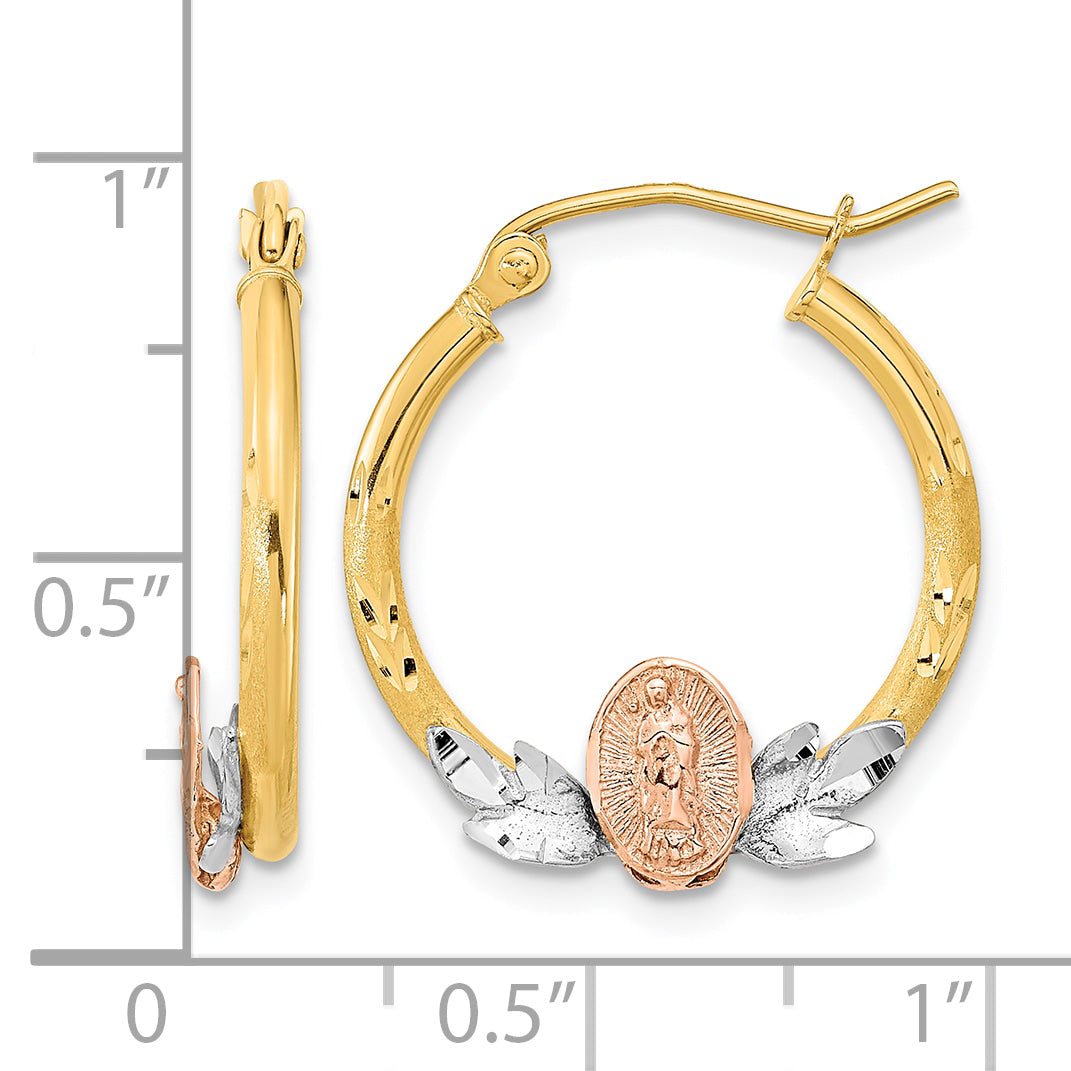 14K Tri-Color Gold Our Lady of Guadalupe Hoop Earrings next to a ruler for size