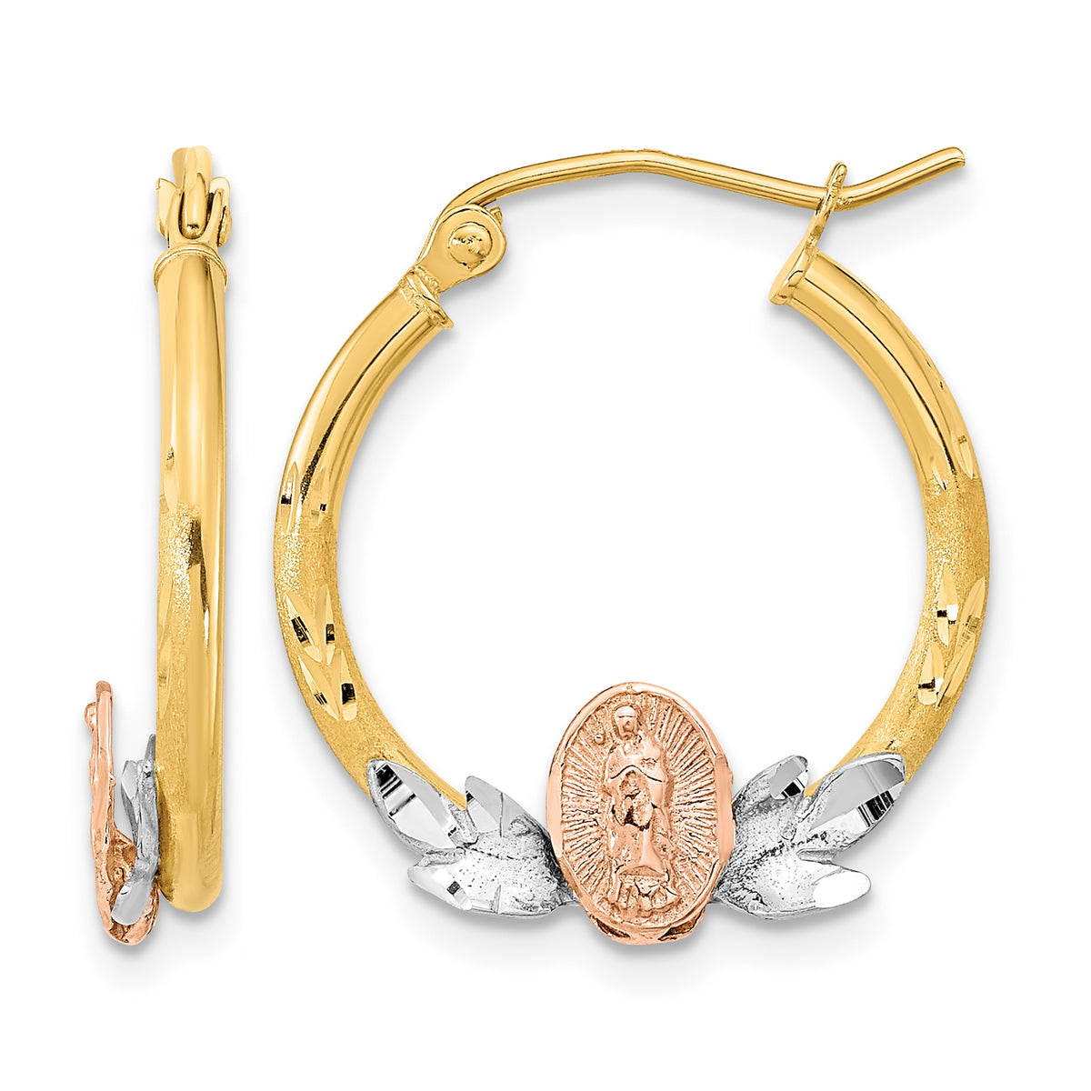 14K Tri-Color Gold hoop earrings with a rose gold Our Lady of Guadalupe medallion and white diamond-cut leaves, 22mm