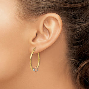 14K Tri-Color Gold Our Lady of Guadalupe Hoop Earrings, 33mm, worn on the ear