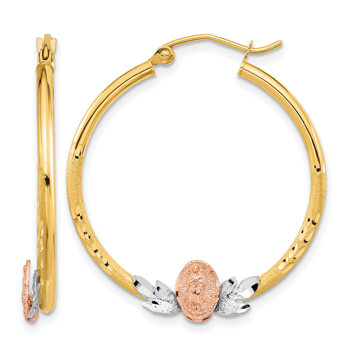 14K Tri-Color Gold hoop earrings with a rose gold Our Lady of Guadalupe medallion and white diamond-cut leaves, 33mm