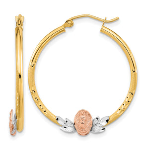 14K Tri-Color Gold hoop earrings with a rose gold Our Lady of Guadalupe medallion and white diamond-cut leaves, 33mm