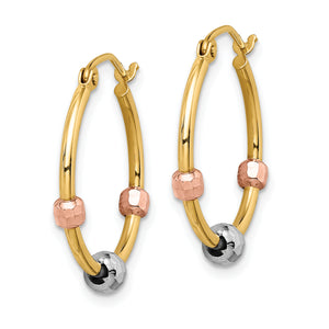 14K Tri-Color Gold Hoop Earrings with Diamond-Cut Beads, angled view of the pair