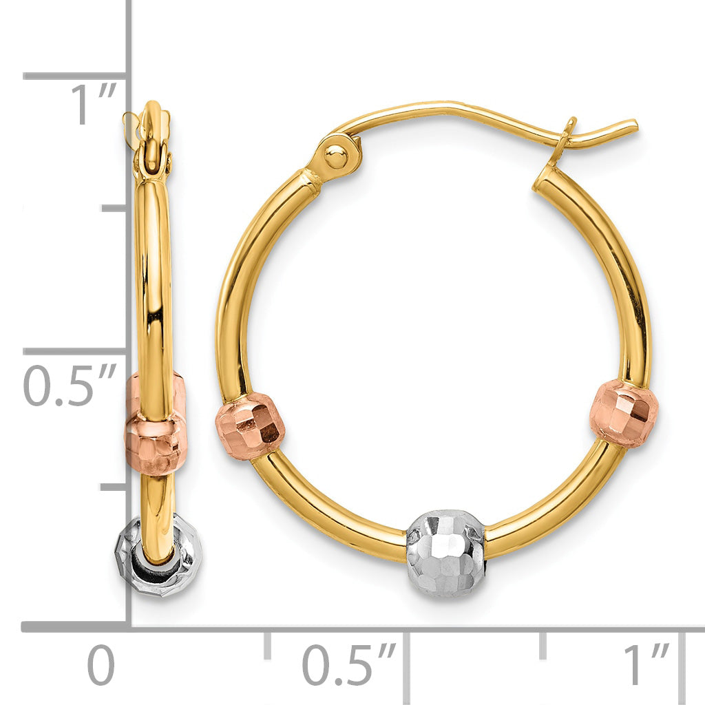 14K Tri-Color Gold Hoop Earrings with Diamond-Cut Beads next to a ruler for size