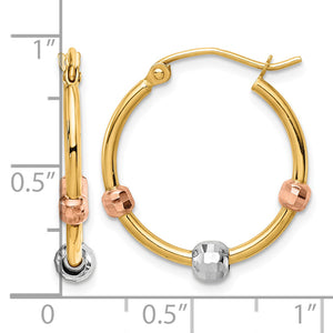 14K Tri-Color Gold Hoop Earrings with Diamond-Cut Beads next to a ruler for size