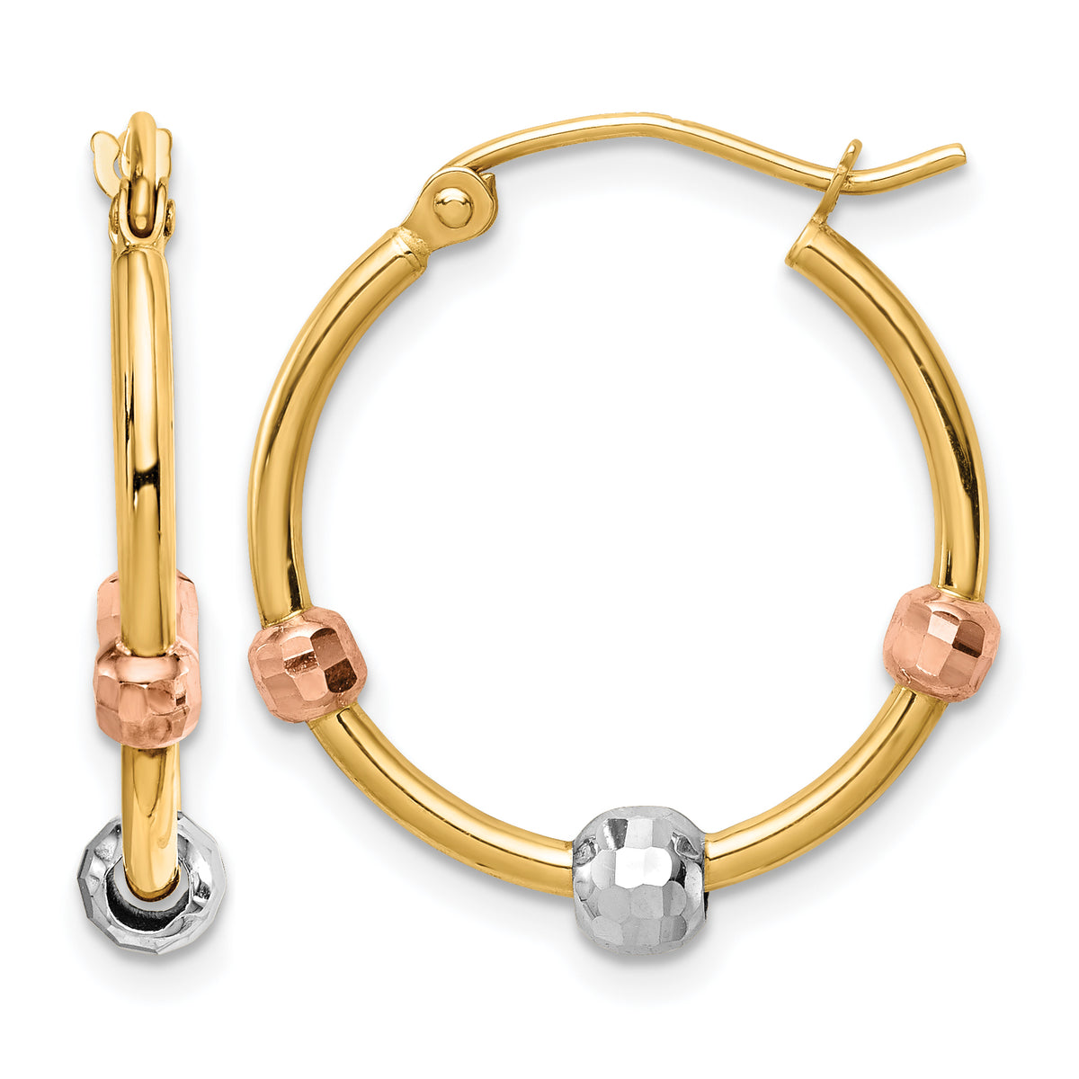 14K Tri-Color Gold yellow gold hoop earrings with rose and white diamond-cut beads