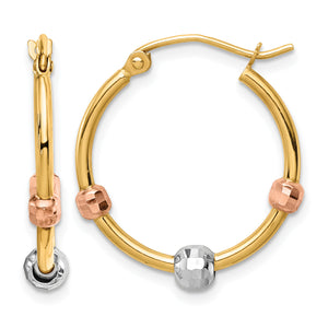 14K Tri-Color Gold yellow gold hoop earrings with rose and white diamond-cut beads