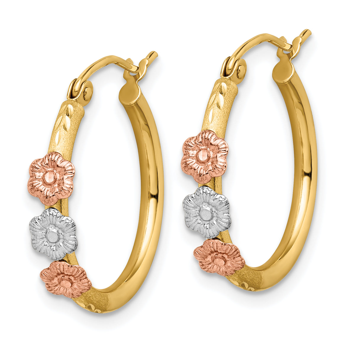 14K Tri-Color Gold Flower Hoop Earrings, Polished and Satin, angled view of the pair