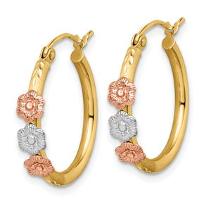 14K Tri-Color Gold Flower Hoop Earrings, Polished and Satin, angled view of the pair