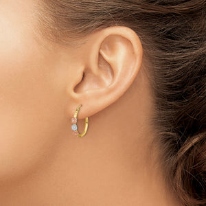 14K Tri-Color Gold Flower Hoop Earrings, Polished and Satin, worn on the ear