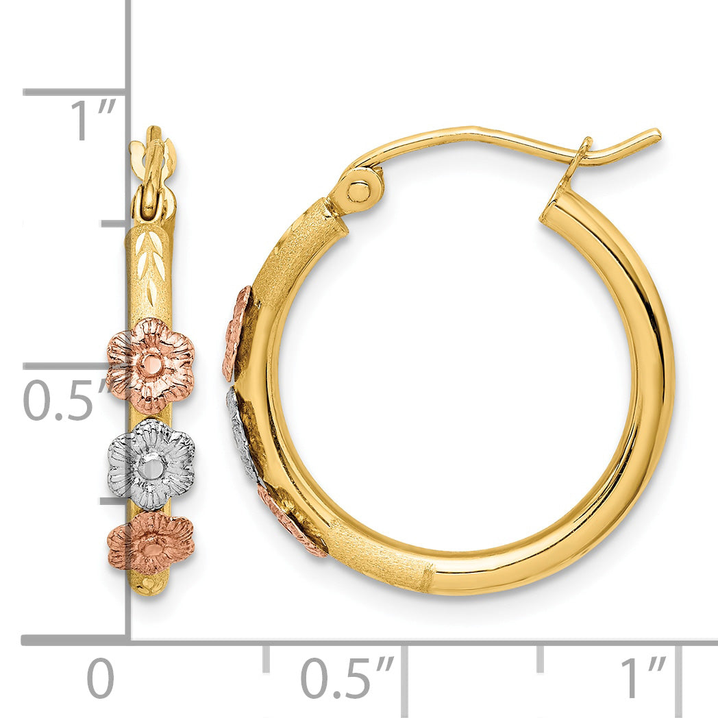 14K Tri-Color Gold Flower Hoop Earrings, Polished and Satin next to a ruler for size