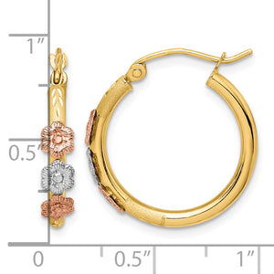 14K Tri-Color Gold Flower Hoop Earrings, Polished and Satin next to a ruler for size