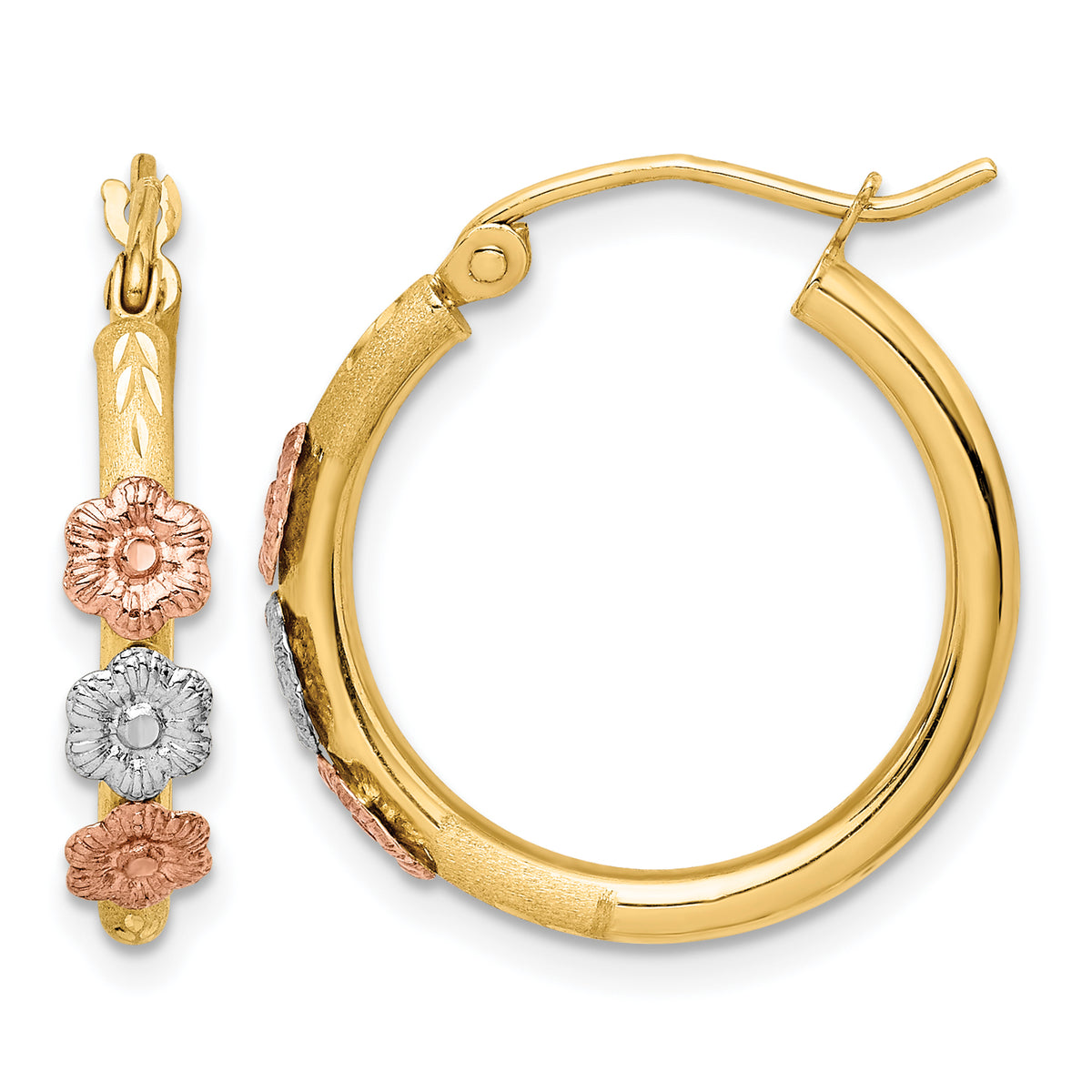 14K Tri-Color Gold yellow gold hoop earrings with small tri-color flowers