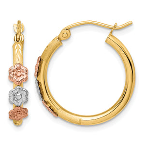 14K Tri-Color Gold yellow gold hoop earrings with small tri-color flowers