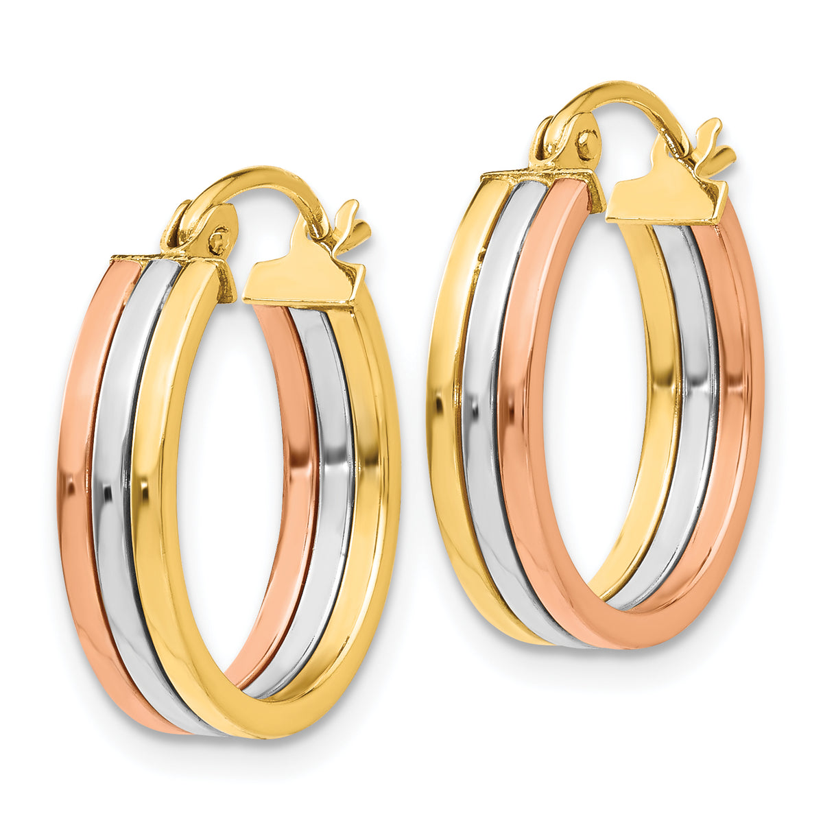 14K Tri-Color Gold Triple Band Hoop Earrings, angled view of the pair