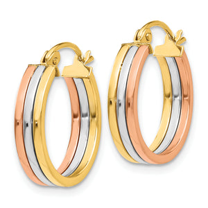 14K Tri-Color Gold Triple Band Hoop Earrings, angled view of the pair