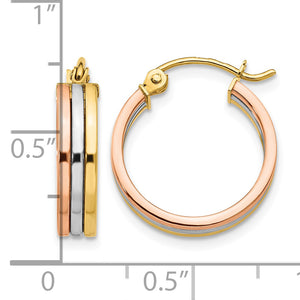 14K Tri-Color Gold Triple Band Hoop Earrings next to a ruler for size