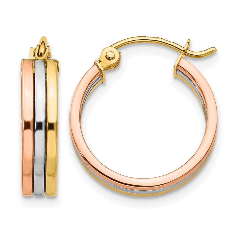 14K Tri-Color Gold small round hoop earrings with yellow, white, and rose gold bands