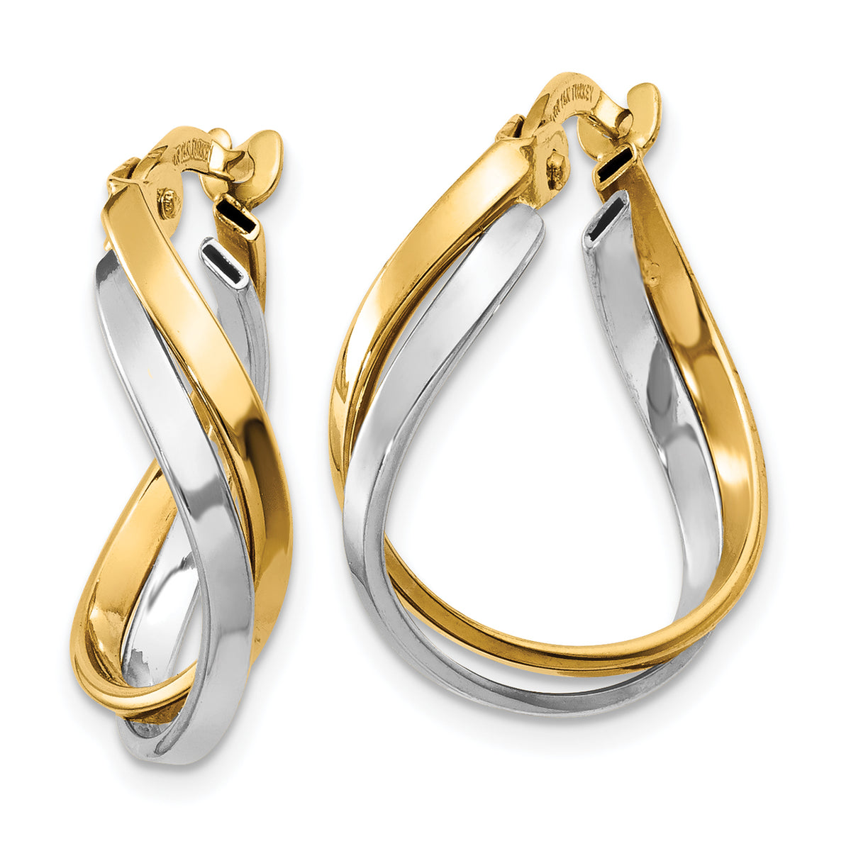 14K Two-Tone Gold Twisted Hoop Earrings in yellow and white gold, angled view of the pair
