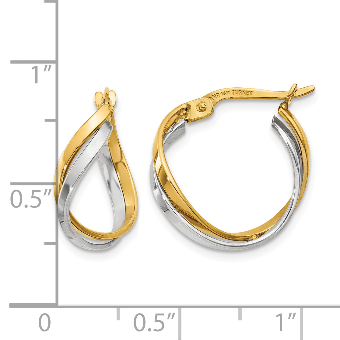14K Two-Tone Gold Twisted Hoop Earrings in yellow and white gold next to a ruler for size