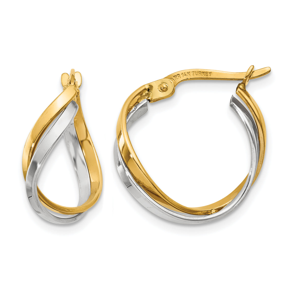 14K Yellow and White Gold twisted hoop earrings in yellow and white gold
