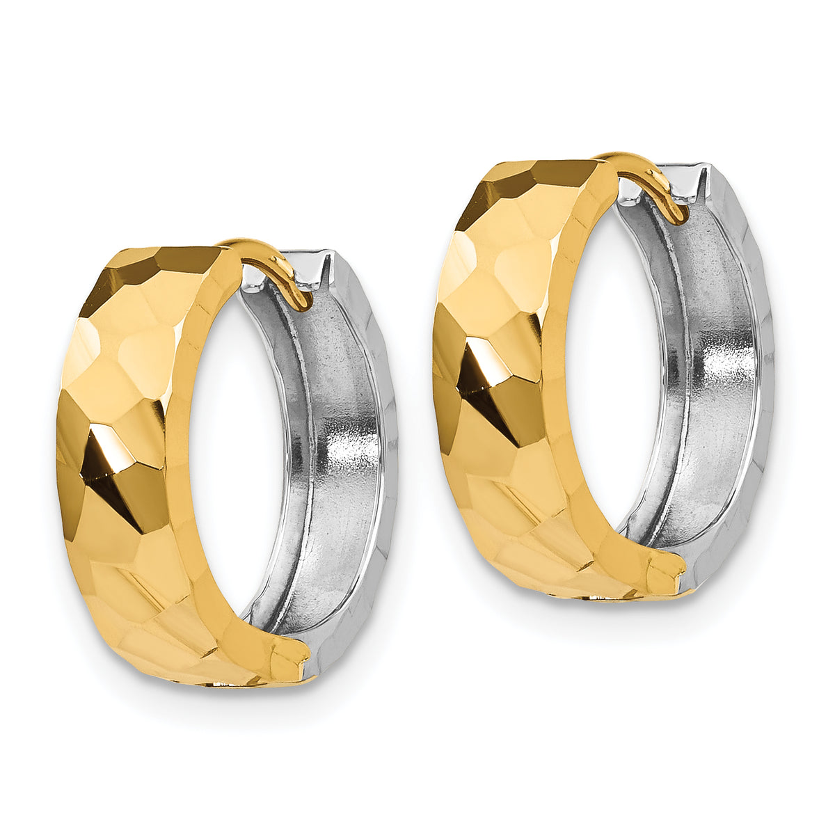 14K Two-Tone Gold Textured Hinged Huggie Earrings in yellow and white gold, angled view of the pair