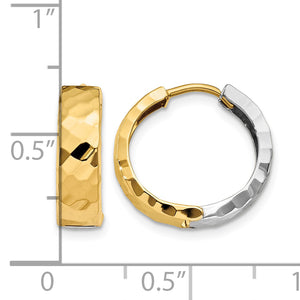 14K Two-Tone Gold Textured Hinged Huggie Earrings in yellow and white gold next to a ruler for size