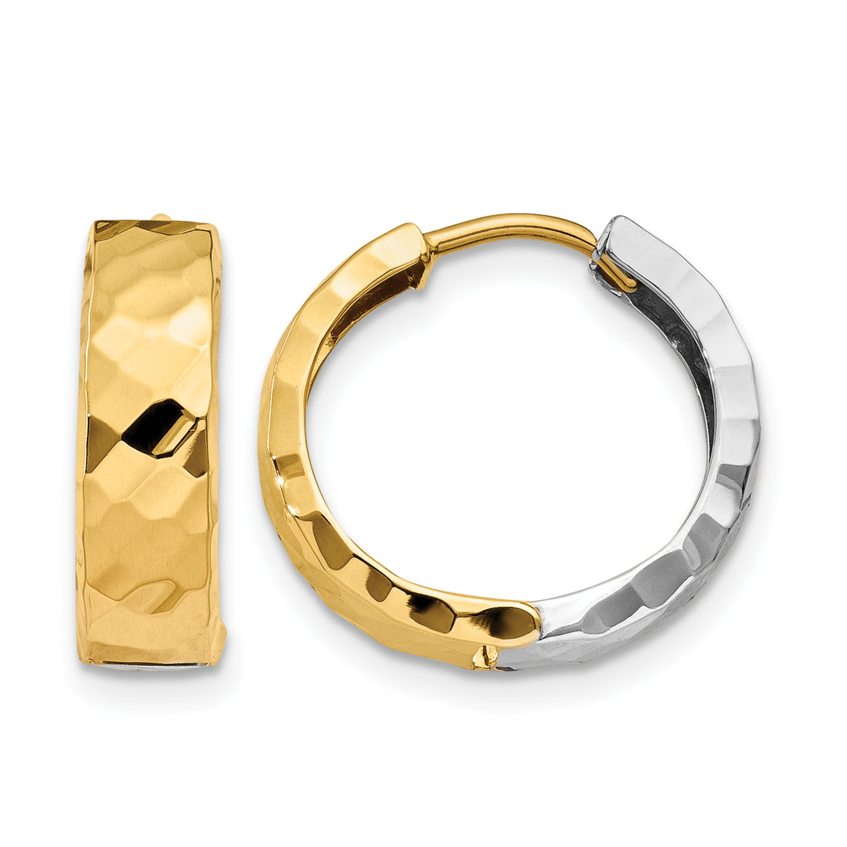 14K Yellow and White Gold wide textured huggie earrings in yellow and white gold