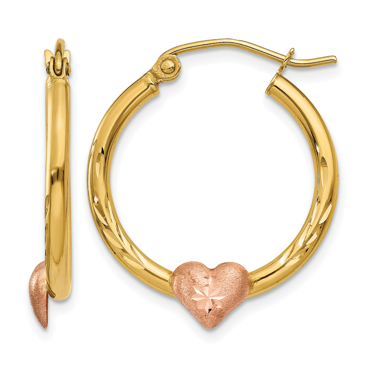 14K Yellow and Rose Gold yellow gold hoop earrings with a diamond-cut rose gold heart, 23mm
