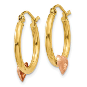 14K Yellow and Rose Gold Heart Hoop Earrings, angled view of the pair