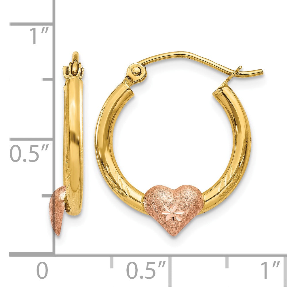 14K Yellow and Rose Gold Heart Hoop Earrings next to a ruler for size
