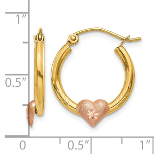 14K Yellow and Rose Gold Heart Hoop Earrings next to a ruler for size
