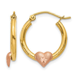 14K Yellow and Rose Gold yellow gold hoop earrings with a diamond-cut rose gold heart, 20mm