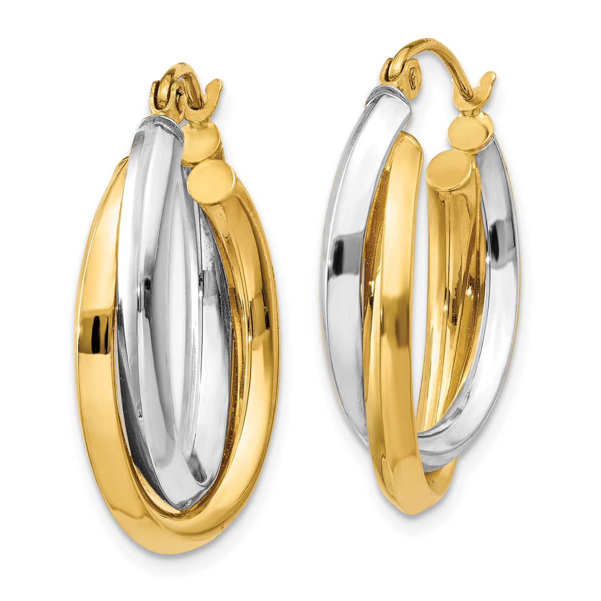 14K Two-Tone Gold Double Oval Hoop Earrings in yellow and white gold, angled view of the pair