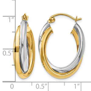 14K Two-Tone Gold Double Oval Hoop Earrings in yellow and white gold next to a ruler for size