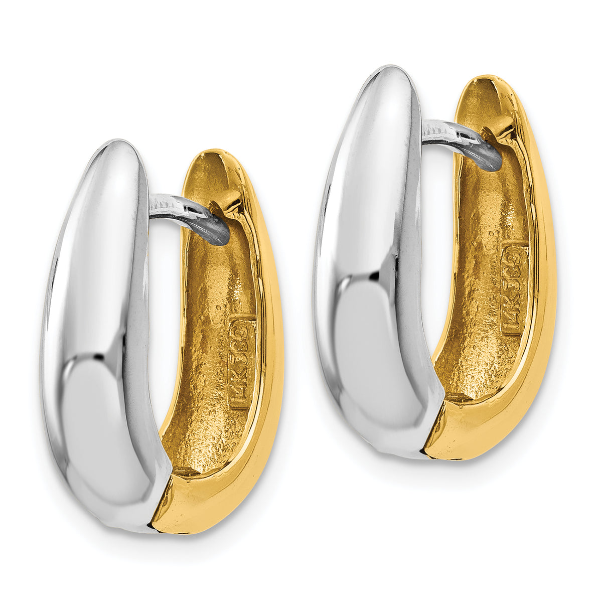 14K Two-Tone Gold U-Shaped Hinged Huggie Earrings, Solid in yellow and white gold, angled view of the pair