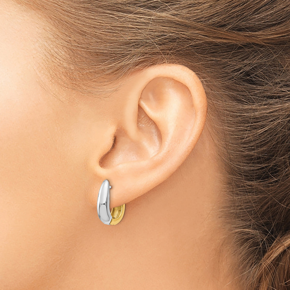 14K Two-Tone Gold U-Shaped Hinged Huggie Earrings, Solid in yellow and white gold, worn on the ear