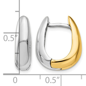 14K Two-Tone Gold U-Shaped Hinged Huggie Earrings, Solid in yellow and white gold next to a ruler for size