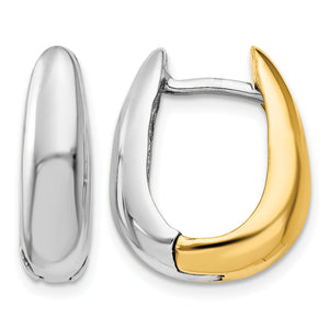 14K Yellow and White Gold thick U-shaped hinged huggie earrings in white and yellow gold