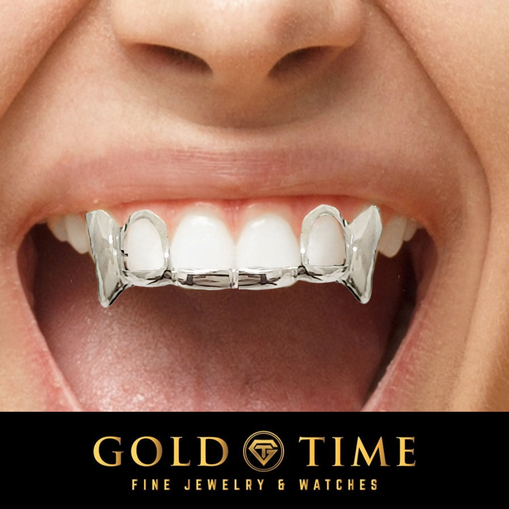 Custom 6 Piece Grillz, Solid Front Tips, Open Face Incisors and Solid Canine Fangs | Silver, 10K or 14K Gold