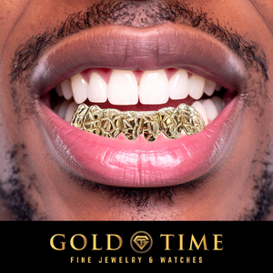 A man wearing an 8-piece gold nugget grillz