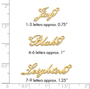 Gold plated cursive script name necklace displayed flat on a white background