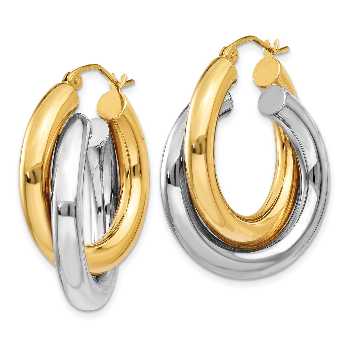 10K or 14K Two-Tone Gold Double Tube Hoop Earrings, 7mm | Yellow and White, 20mm or 28mm