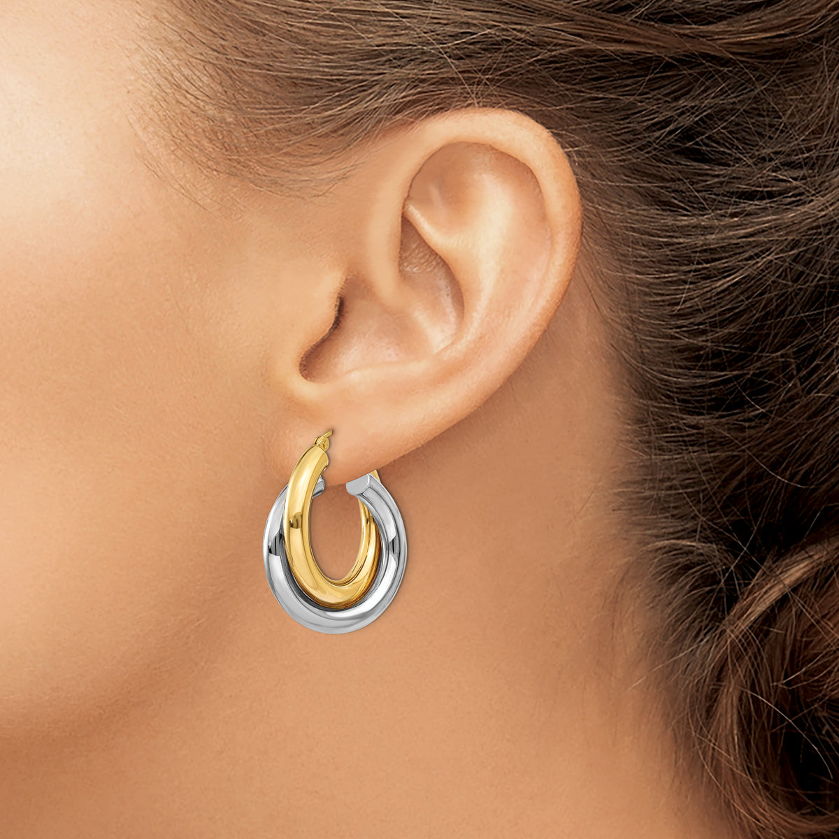 10K or 14K Two-Tone Gold Double Tube Hoop Earrings, 7mm | Yellow and White, 20mm or 28mm