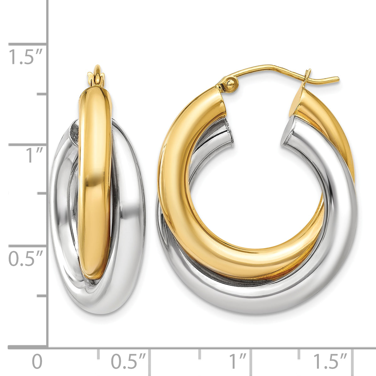 10K or 14K Two-Tone Gold Double Tube Hoop Earrings, 7mm | Yellow and White, 20mm or 28mm