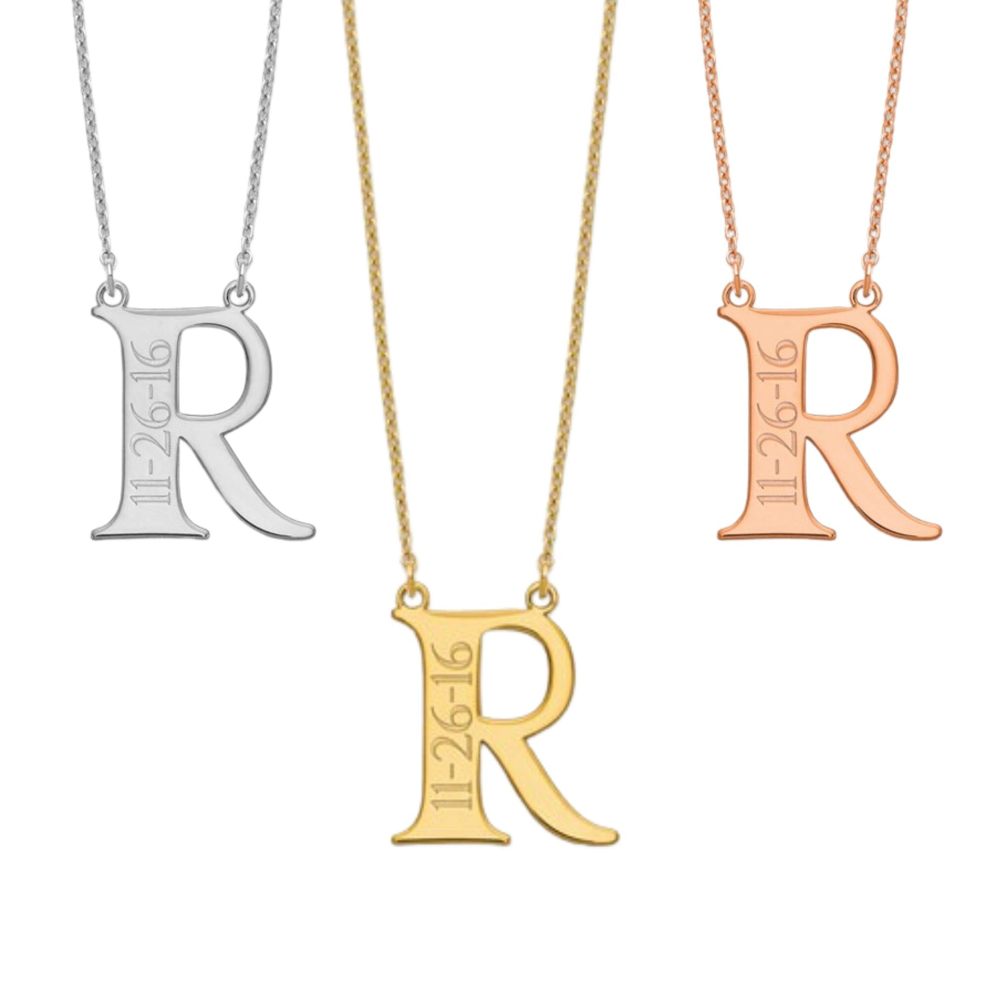 Custom Handmade Dainty Minimalist Capital Letter and Date Necklace - 16, 18 or 20 IN - Sterling Silver, 10K, 14K Gold - Yellow, White, Rose