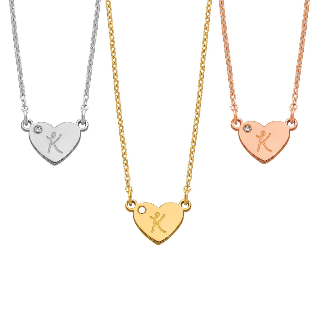 Custom Handmade Dainty Minimalist Initial Heart with Diamond Necklace - 16, 18 or 20 IN - Sterling Silver, 10K, 14K - Yellow, White, Rose