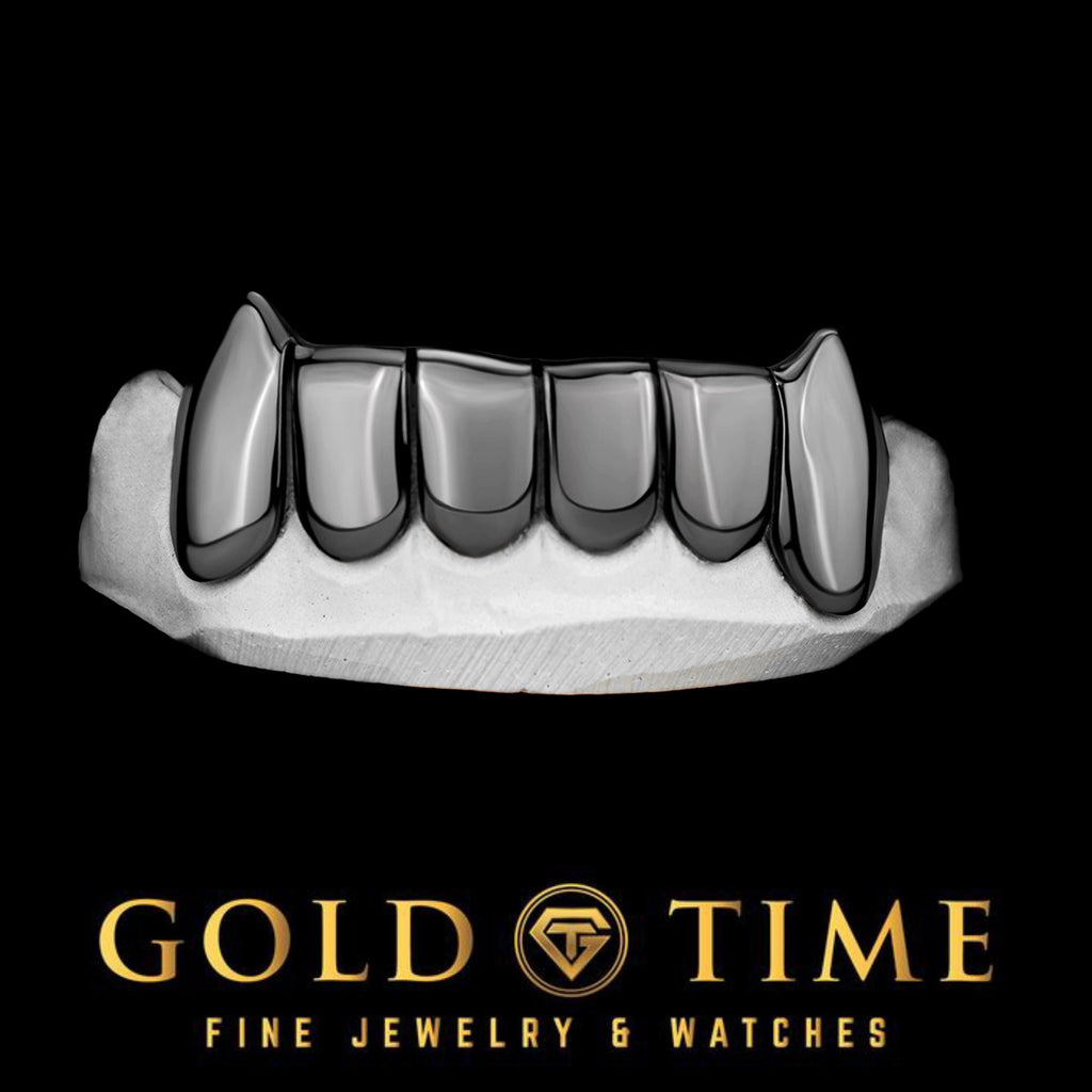 Custom Handmade Grillz – Black Rhodium Canine Fang 6-Piece Grillz - 10K, 14K, or Silver - Top or Bottom - Includes Impression Kit